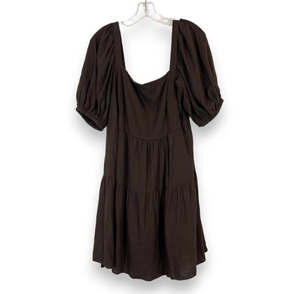 Brown Babydoll Linen Dress Mini Peasant Medium - Picture 3 of 11